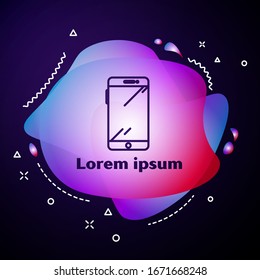 Purple line Smartphone, mobile phone icon isolated on blue background. Abstract banner with liquid shapes. Vector Illustration