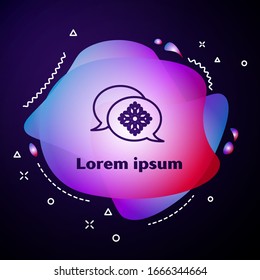 Purple line Snowflake with speech bubble icon isolated on blue background. Merry Christmas and Happy New Year. Abstract banner with liquid shapes. Vector Illustration