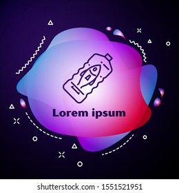 Purple line Stop ocean plastic pollution icon isolated on dark blue background. Environment protection concept. Fish say no to plastic. Abstract banner with liquid shapes. Vector Illustration