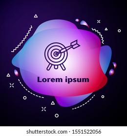 Purple line Target with arrow icon isolated on dark blue background. Dart board sign. Archery board icon. Dartboard sign. Business goal concept. Abstract banner with liquid shapes. Vector Illustration