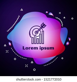 Purple line Target with graph chart icon isolated on dark blue background. Report text file icon. Accounting sign. Audit, analysis, planning. Abstract banner with liquid shapes. Vector Illustration