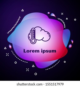 Purple line Thermometer and cloud icon isolated on dark blue background. Abstract banner with liquid shapes. Vector Illustration
