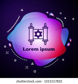 Purple line Torah scroll icon isolated on dark blue background. Jewish Torah in expanded form. Star of David symbol. Old parchment scroll. Abstract banner with liquid shapes. Vector Illustration