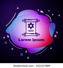 Purple line Torah scroll icon isolated on dark blue background. Jewish Torah in expanded form. Star of David symbol. Old parchment scroll. Abstract banner with liquid shapes. Vector Illustration
