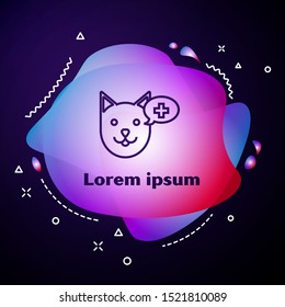 Purple line Veterinary clinic symbol icon isolated on dark blue background. Cross with dog veterinary care. Pet First Aid sign. Abstract banner with liquid shapes. Vector Illustration