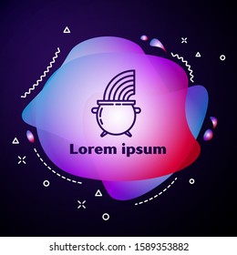 Purple line Witch cauldron and rainbow icon isolated on blue background. Happy Saint Patricks day. Abstract banner with liquid shapes. Vector Illustration