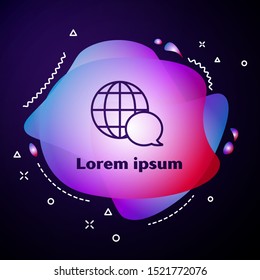 Purple line World map made from speech bubble icon isolated on dark blue background. Global communication scheme on Earth. Abstract banner with liquid shapes. Vector Illustration