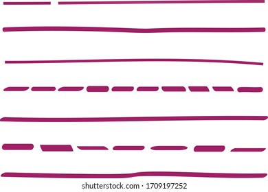 Purple lines hand drawn vector set isolated on white background. Collection of doodle lines, hand drawn template. Purple marker and grunge brush stroke lines, vector illustration