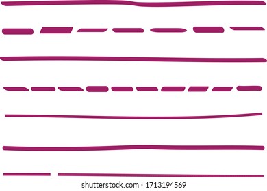Purple lines hand drawn vector set isolated on white background. Collection of doodle lines, hand drawn template. Purple marker and grunge brush stroke lines, vector illustration