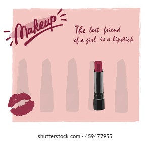 Purple Lipstick sketch. Pomade on pink background. Vector flat design. illustration of make up. artist business card. beauty print