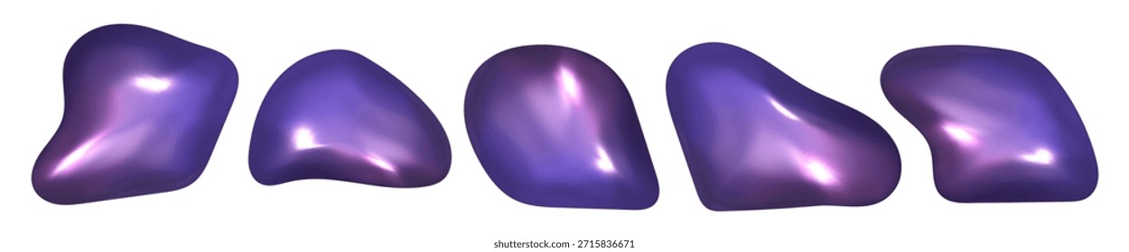 Purple liquid blob in smooth 3d shape. Y2k metallic accents blend seamlessly with abstract purple tones and shine.