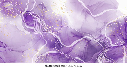 Purple liquid marble watercolor stain background with white lines. Violet elegant minimal modern canvas wallpaper with paint brush pattern. Vector illustration, watercolour design for print