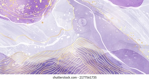 Purple liquid marble watercolor stain background with gold lines. Violet elegant minimal modern canvas wallpaper with paint brush pattern. Vector illustration, watercolour design for print