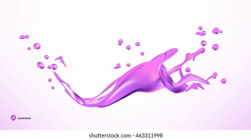 Purple liquid splashes, wave, air bubbles and drops. Detailed and realistic Vector illustration