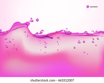 Purple liquid splashes, wave, air bubbles and drops. Detailed and realistic Vector illustration