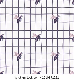 Purple little bees ornament seamless doodle pattern. White chequered background. Decorative backdrop for wallpaper, textile, wrapping paper, fabric print. Vector illustration.