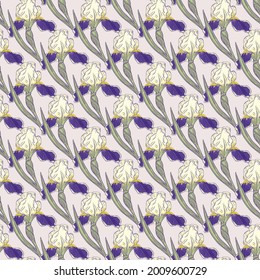 Purple little iris flowers ornate seamless pattern in hand drawn style. Light pink background. Vector illustration for seasonal textile prints, fabric, banners, backdrops and wallpapers.