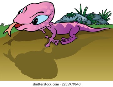 Purple Lizard with Blue Eyes and Tongue Out - Colored Cartoon Illustration with Background, Vector