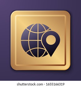 Purple Location on the globe icon isolated on purple background. World or Earth sign. Gold square button. Vector Illustration