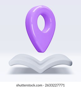 Purple location pointer on map, book, placemark, marker of map, navigation pin sign. 3d GPS icon. Sign for searching on map direction. Vector render illustration isolated on white background