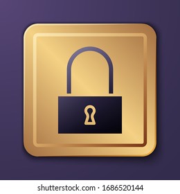 Purple Lock icon isolated on purple background. Padlock sign. Security, safety, protection, privacy concept. Gold square button. Vector Illustration