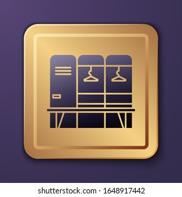 Purple Locker or changing room for hockey, football, basketball team or workers icon isolated on purple background. Gold square button. Vector Illustration