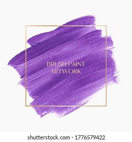 Purple logo brush paint acrylic abstract background design vector with golden frame. Perfect painted design for headline, logo and sale banner. 