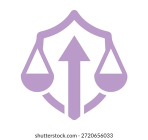 A purple logo featuring a shield with a scale and arrow on a black background
