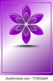 Purple logotype in flower shape, geometric element on purple gradient background with thin line frame, transparent shadow bellow shape, blank area for message. Vector EPS 10