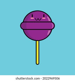 Purple lollipop kawaii character with yellow stick.