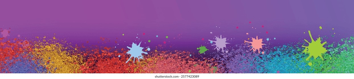 Purple long horizontal banner featuring colorful powder splashes and copy space, perfect for parties and festivals