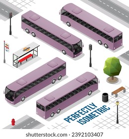 Autobús isométrico morado largo desde la parte delantera derecha e izquierda aislado en blanco