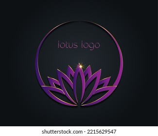 Purple Lotus logo, water lily, Flower of Life. Sacred Geometry. Symbol of Harmony and Balance. Circle Sign of purity. Chakra Yoga design vector isolated on black background