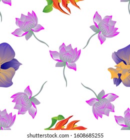 Purple Lotus. Purple Orchid. Orange Heliconia. Vector illustration. Seamless background pattern. Floral botanical flower. Wild leaf wildflower isolated. Exotic tropical hawaiian jungle. Fabric.