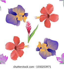 Purple Lotus. Purple Orchid. Red Hibiscus. Red and Pink Ginger. Vector illustration. Seamless background pattern. Floral botanical flower. Wild leaf wildflower isolated. Exotic tropical hawaiian.