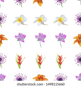 Purple Lotus. Purple Osteospermum Daisybush. Orange Daylily. White Plumeria. Red Heliconia Bihai. Vector illustration. Seamless background pattern. Floral botanical flower. Wild leaf wildflower.