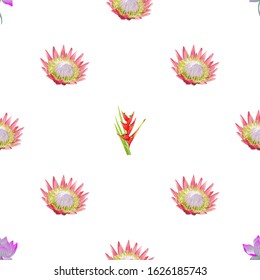 Purple Lotus. Pink Protea. Red Heliconia Bihai. Vector illustration. Seamless background pattern. Floral botanical flower. Wild leaf wildflower isolated. Exotic tropical hawaiian jungle. Fabric.