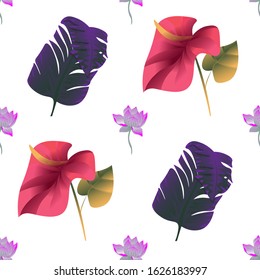 Purple Lotus. Red Calla. Purple Banana Leaf. Vector illustration. Seamless background pattern. Floral botanical flower. Wild leaf wildflower isolated. Exotic tropical hawaiian jungle. Fabric.