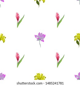 Purple Lotus. Red and Pink Ginger. Yellow Lilium. Vector illustration. Seamless background pattern. Floral botanical flower. Wild leaf wildflower isolated. Exotic tropical hawaiian jungle. Fabric.