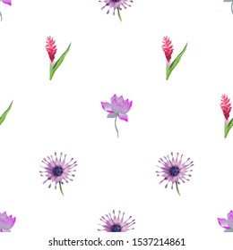 Purple Lotus. Red and Pink Ginger. Purple Osteospermum Daisy bush. Vector illustration. Seamless background pattern. Floral botanical flower. Wild leaf wildflower isolated. Exotic tropical hawaiian.