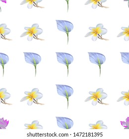 Purple Lotus. White Plumeria. Blue Anthurium Tailflower. Vector illustration. Seamless background pattern. Floral botanical flower. Wild leaf wildflower isolated. Exotic tropical hawaiian jungle.