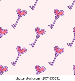 Purple Love Key Pattern Background. Valentine Vector Illustration on Pink Background.