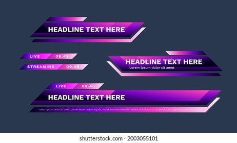 Purple lower third pack with modern colorful. Vector video headline title or television news bar design template isolated on white background.