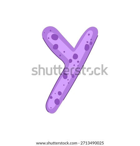 Purple lowercase letter y made of playful microbes and bacteria, cartoon style illustration representing gut health, microbiome, probiotics, science education and medical biology concepts