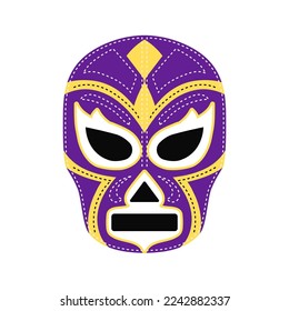 Purple luchador mask template. Wrestling suit item with yellow black mexican tracery for extreme libre vector sport