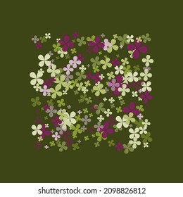 Purple Lucky Fourtune Flowers Pastel Splatter. Saint Patrick Green Vivid Summer Spring Background. Vibrant Simple Greenery Bright Illustration. Clovers Nature Floral Holidays Dark Picture.