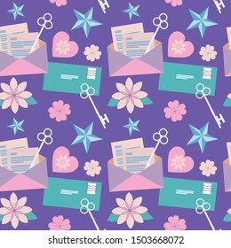 Purple lucky symbols seamless background pattern. When a culmination of symbols promises luck, happiness, and granting of wishes for anyone. Can be used as gift wrapper, or background for any project.