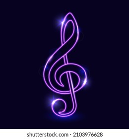 Purple luminous contour of the treble clef on a dark background, neon-effect, music, musical note. Vector illustration