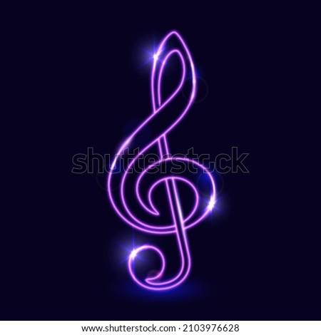Purple luminous contour of the treble clef on a dark background, neon-effect, music, musical note. Vector illustration