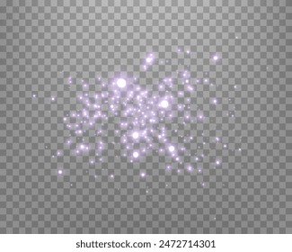 Puntos luminosos púrpuras y polvo de estrellas. Puntos, partículas, estrellas, destellos mágicos... Efecto de luz de destello brillante. Partículas de Vector sobre fondo transparente.